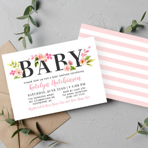 Invitation Baptême Fille Fleur Rose Élégant Aquarelle