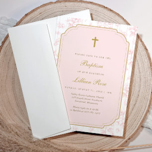 Invitation Baptême Fille Fleur Rose Toile Vintage