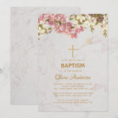 Invitation Baptême Fille Fleurs Orchidées Roses Croix Dorée M (Devant / Derrière)