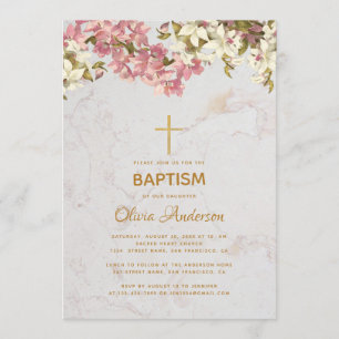 Invitation Baptême Fille Fleurs Orchidées Roses Croix Dorée M