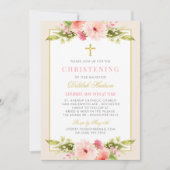 Invitation Baptême Fille Fleurs Rose Élégant Or (Devant)