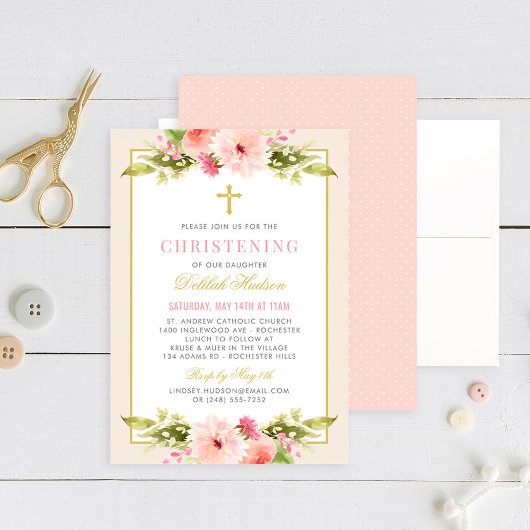 Invitation Baptême Fille Fleurs Rose Élégant Or