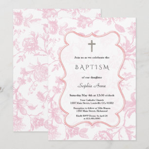 Invitation Baptême fille fleurs toile rose française vintage