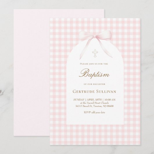 Invitation baptême fille gingham rose blanc (Devant / Derrière)