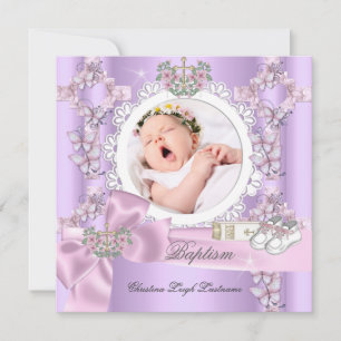 Invitation Baptême Fille Lilac rose blanc Photo Christening
