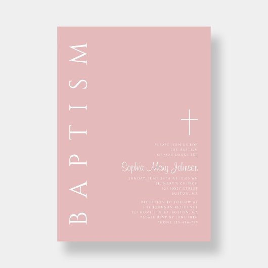 Invitation Baptême Fille Moderne Élégante Rose Pâle Croix