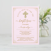Invitation Baptême Fille Or Rose Classique (Debout devant)