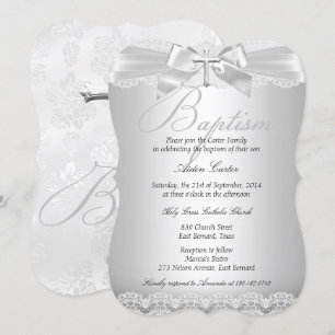 Invitation Baptême Fille ou Garçon Broderie Argentée & Croix 