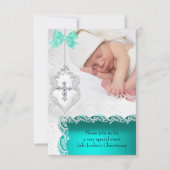 Invitation Baptême Fille ou Garçon Jade Bleu Vert Blanc Dente (Devant)