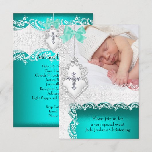 Invitation Baptême Fille ou Garçon Jade Bleu Vert Blanc Dente (Devant / Derrière)