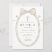 Invitation Baptême fille perles BOW blanc beige (Devant)