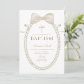Invitation Baptême fille perles BOW blanc beige (Debout devant)