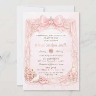 Invitation Baptême Fille Pigeon Rose Blush Coquette Féminin