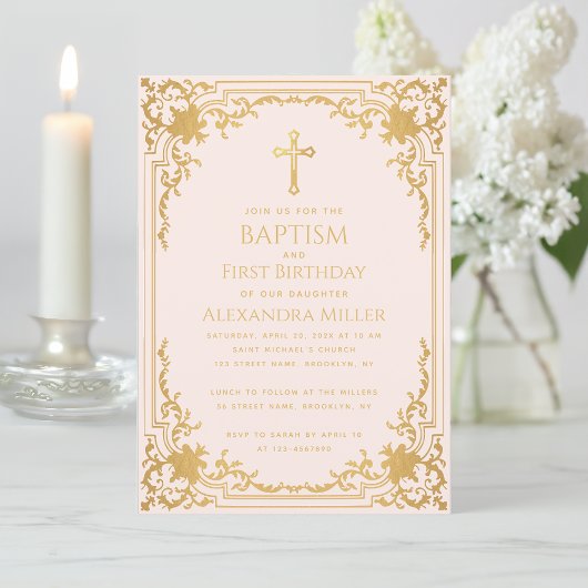 Invitation Baptême Fille Premier Anniversaire Rose Vintage Fa