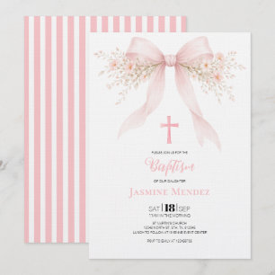 Invitation Baptême Fille Rayures Florales Croix Ruban Rose