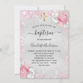 Invitation Baptême fille rose argent parties scintillant flor (Devant)