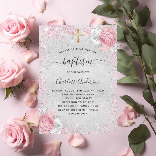 Invitation Baptême fille rose argent parties scintillant flor