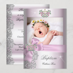 Invitation Baptême Fille Rose Blanche Dentelle Photo Christen