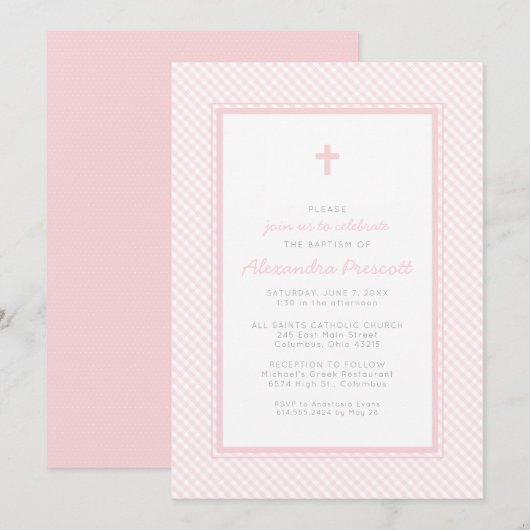 Invitation Baptême fille rose gingham (Devant / Derrière)