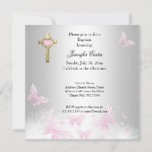 Invitation Baptême Fille Rose Papillon Croix Argentée (Dos)