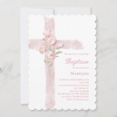 Invitation baptême fille rose peonies croix (Devant)