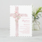 Invitation baptême fille rose peonies croix (Debout devant)