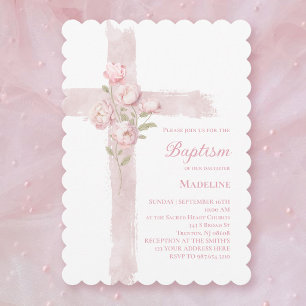 Invitation baptême fille rose peonies croix
