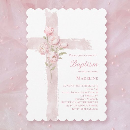 Invitation baptême fille rose peonies croix