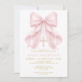 Invitation Baptême Fille Rose Ruban (Devant)