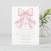 Invitation Baptême Fille Rose Ruban (Debout devant)