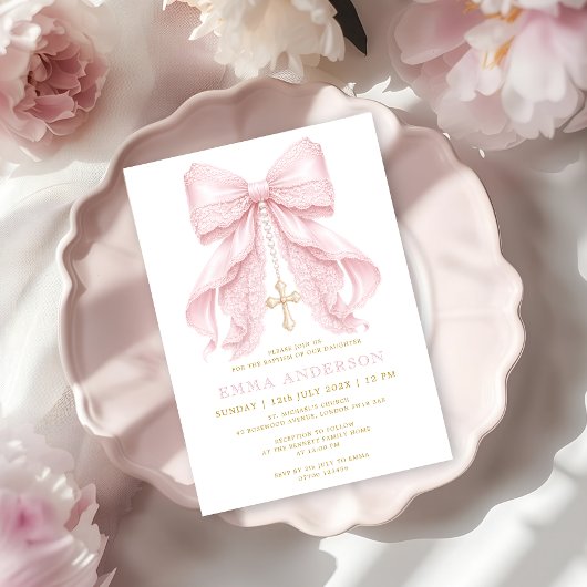 Invitation Baptême Fille Rose Ruban