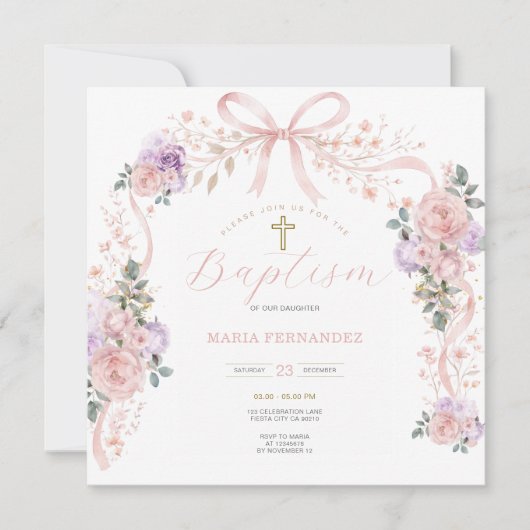 Invitation Baptême fille rose violet (Devant)