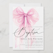 Invitation Baptême Fille Ruban Rose Coquette (Devant)