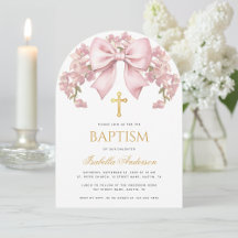 Baptême Fille Ruban Rose Floral Élégant Croix Doré