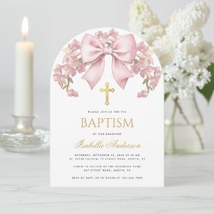 Invitation Baptême Fille Ruban Rose Floral Élégant Croix Doré