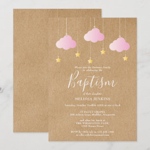 Invitation Baptême Fille Rustique Célébration Étoiles Scintil