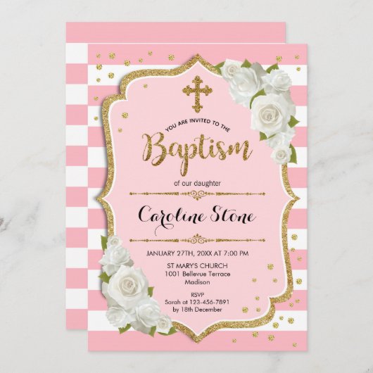 Invitation Baptême Filles - Or Rose Blanc (Devant / Derrière)