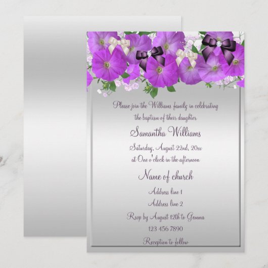 Invitation Baptême Filles Petunias & Rubans (Devant / Derrière)