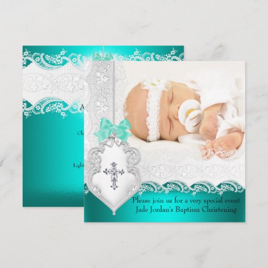 Invitation Baptême fillette ou garçon Jade Turquoise blanc de (Devant / Derrière)