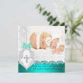 Invitation Baptême fillette ou garçon Jade Turquoise blanc de (Debout devant)
