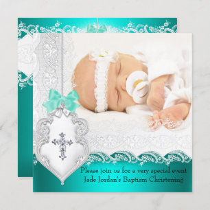 Invitation Baptême fillette ou garçon Jade Turquoise blanc de