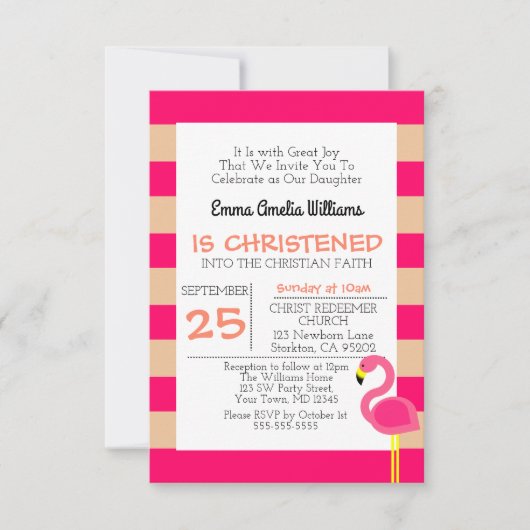 Invitation Baptême Flamant rose rose (Devant)