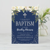 Invitation Baptême Fleur Bleu Argent Garçon Christening (Debout devant)