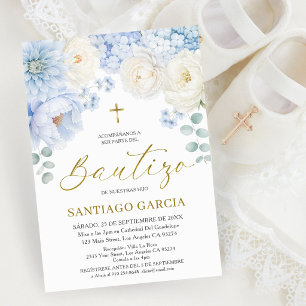 Invitation Baptême Fleur Bleue Floral Espagnol Garçon