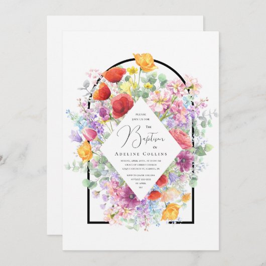 Invitation Baptême Fleur sauvage coloré (Devant / Derrière)