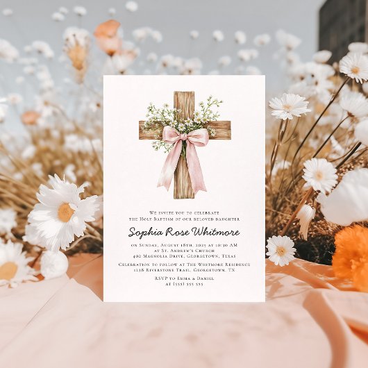 Invitation Baptême Fleur sauvage de Bow rose