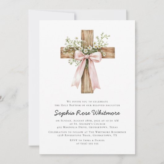 Invitation Baptême Fleur sauvage de Bow rose (Devant)