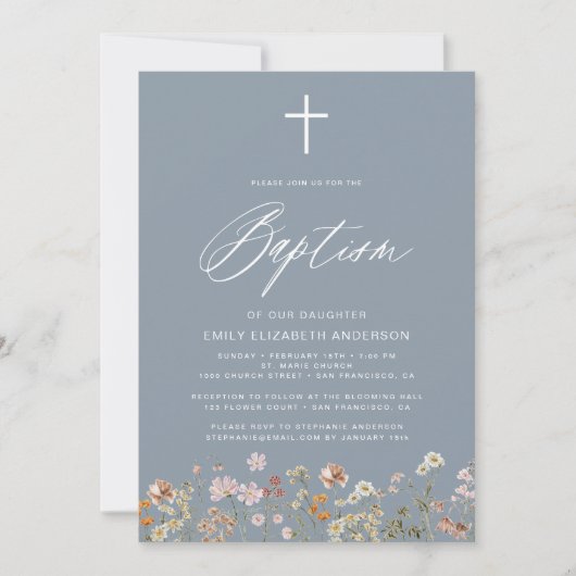 Invitation Baptême Fleur sauvage Dusty Bleu Script (Devant)