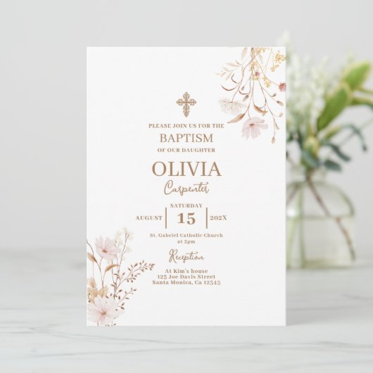 Invitation Baptême fleur sauvage fille (Debout devant)