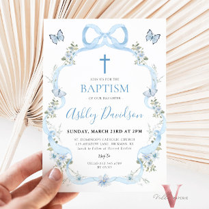 Invitation Baptême Fleur sauvage Floral Bow bleu